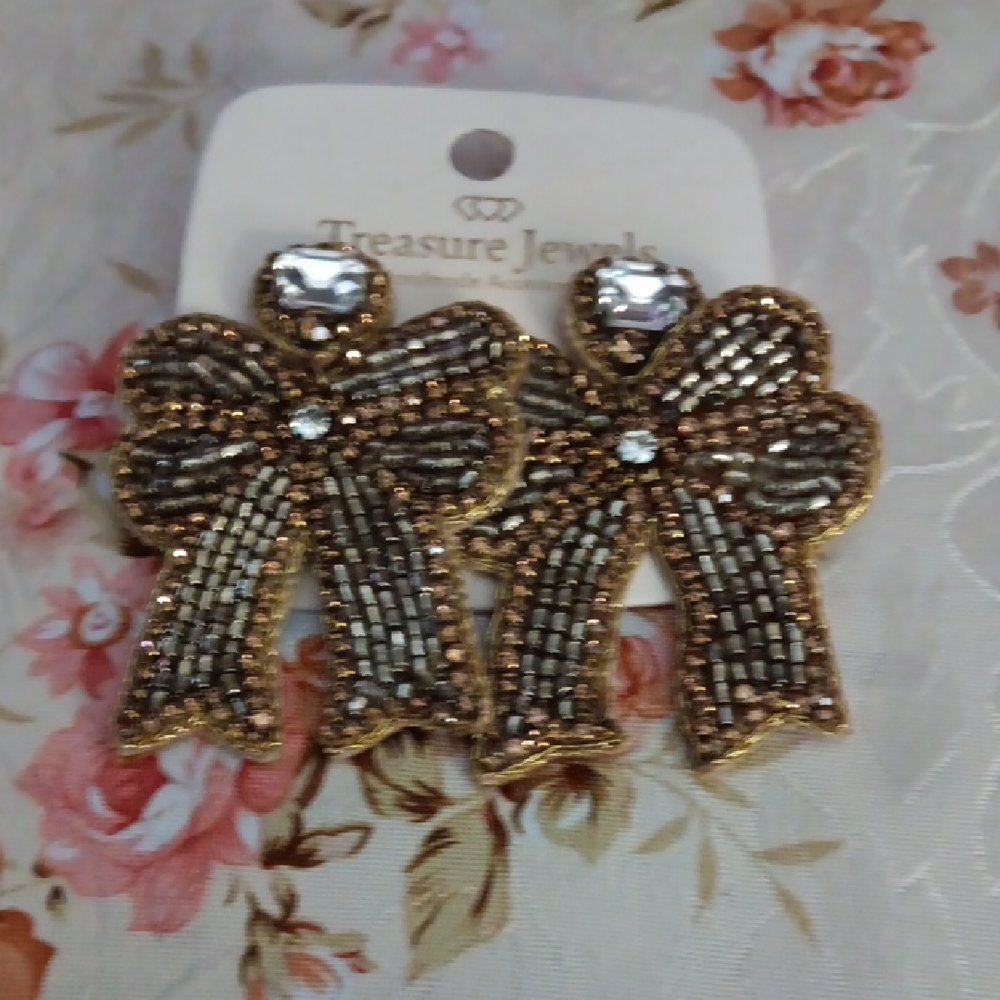 Gold and Silver Beaded Bow Earrings